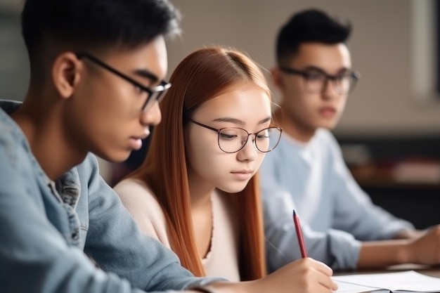 Przycięte ujęcie dwóch młodych studentów uczących się w klasie utworzonej za pomocą generatywnej sztucznej inteligencji