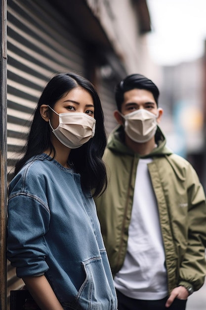 Przycięte ujęcie dwóch osób noszących maski spędzających czas w środowisku miejskim