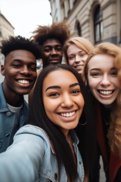 Przycięte ujęcie grupy młodych ludzi robiących sobie selfie, stojących na zewnątrz