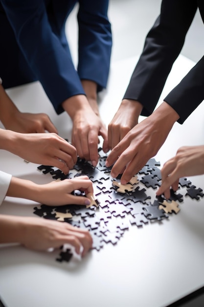 Przycięte ujęcie grupy nierozpoznawalnych biznesmenów rozkładających puzzle