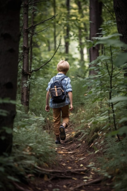 Przycięte ujęcie małego chłopca idącego przez las na wakacjach stworzonego za pomocą generatywnej sztucznej inteligencji