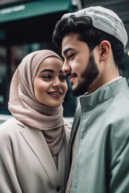 Przycięte ujęcie młodej muzułmańskiej pary w mieście stworzonym za pomocą generatywnej ai