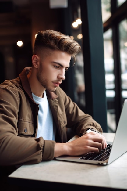 Przycięte ujęcie przystojnego młodego mężczyzny pracującego na swoim laptopie w kawiarni utworzonej za pomocą generatywnej ai