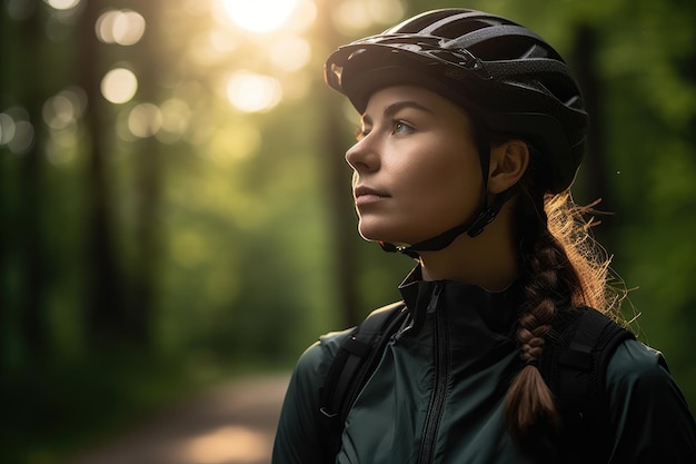 Przycięte ujęcie rowerzystki na rowerze utworzone za pomocą generatywnej sztucznej inteligencji