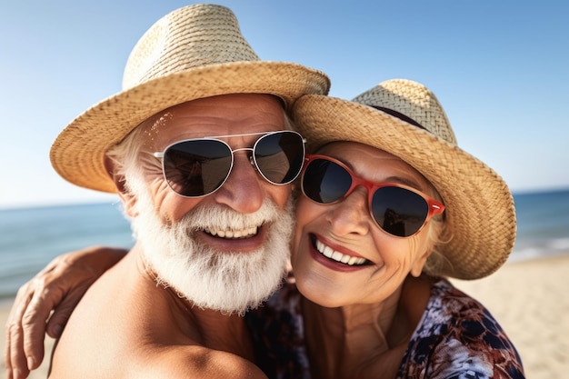 Przycięte ujęcie szczęśliwej pary seniorów, która robi sobie selfie na wakacjach