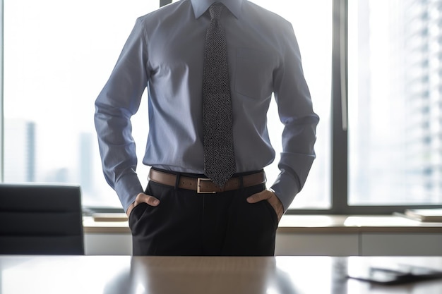 Przycięte zdjęcie nieznanego biznesmena stojącego w swoim biurze stworzone za pomocą sztucznej inteligencji generatywnej