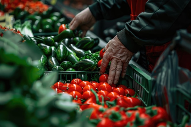 Przycięte zdjęcie pracownika supermarketu pokazującego świeże produkty przed kamerą