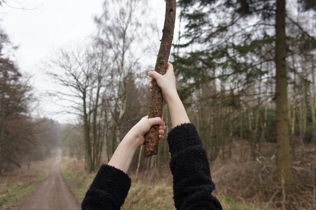 Zdjęcie przycięty obraz kobiety trzymającej gałąź, stojącej na chodniku