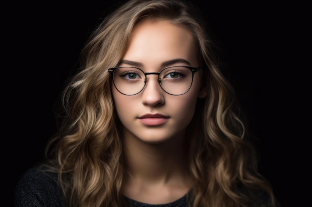 Przycięty portret atrakcyjnej młodej kobiety w okularach stworzony za pomocą generatywnej sztucznej inteligencji