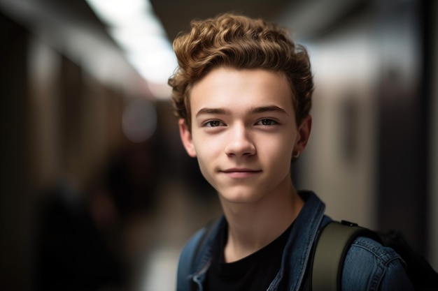 Przycięty portret atrakcyjnej młodej nastolatki na szkolnym korytarzu stworzony za pomocą generatywnej sztucznej inteligencji