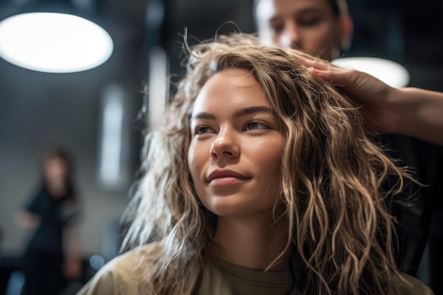 Przycięty portret młodej kobiety, która robi sobie fryzurę w salonie, stworzony za pomocą generatywnej sztucznej inteligencji