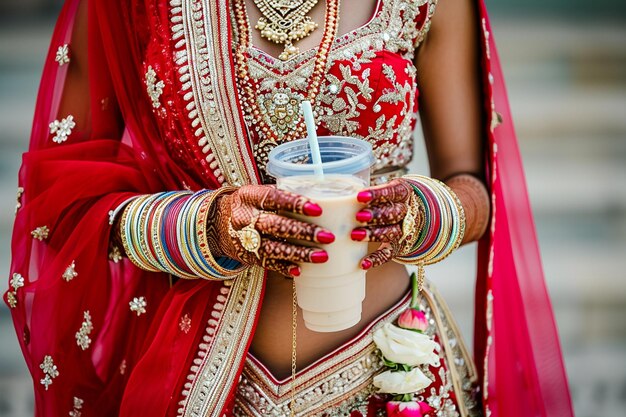 Przycięty widok indyjskiej panny młodej pije koktajl w tradycyjnym stroju