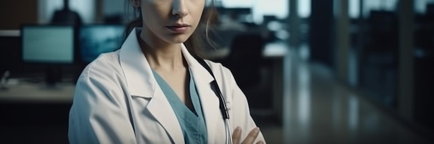 Przycięty widok kobiety lekarki w białym płaszczu stojącej w szpitalnym korytarzugenerative ai