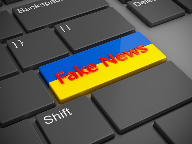 Zdjęcie przycisk na klawiaturze z ukraińską flagą i napisem fake news 3d rendering