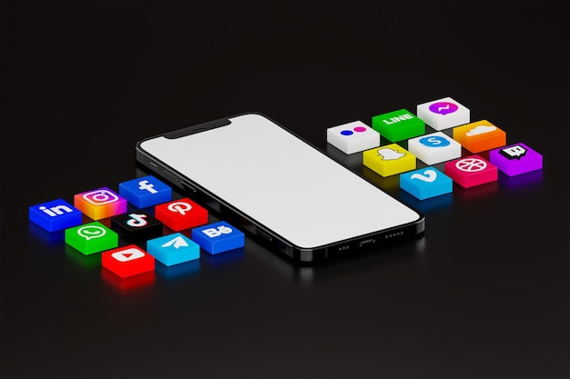 Przyciski Aplikacji Mobilnych Renderowania 3d Na Podłodze Obok Telefonu Komórkowego Z Białym Ekranem, Czarny Bg