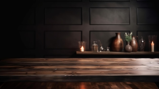 Przyćmiony drewniany stół do czyszczenia rzeczy pojawia się z niewyraźnym salonem Zasoby kreatywne AI Generowane