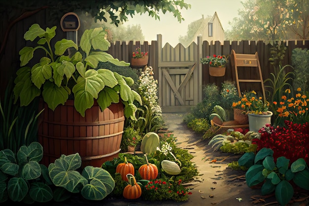 Zdjęcie przydomowy ogród ze świeżo zebranymi produktami i ziołami