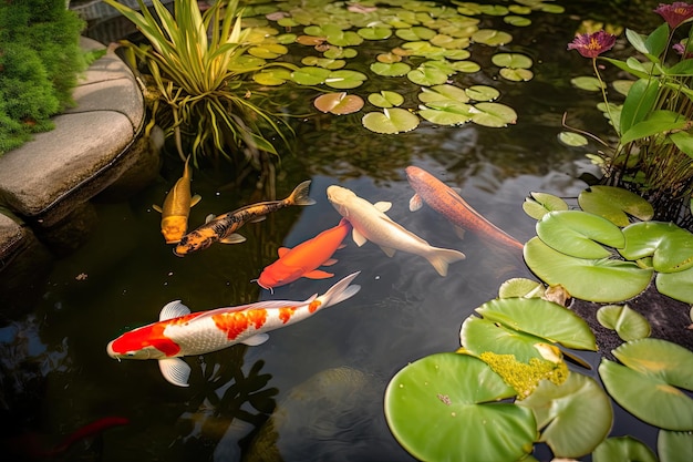 Przydomowy staw z koi i liliami wodnymi