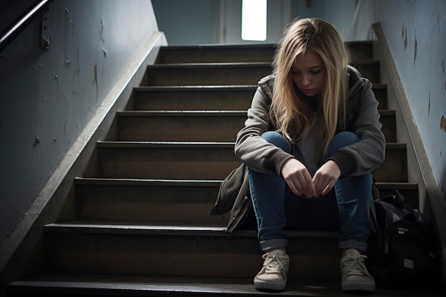 przygnębiona i smutna nastolatka siedząca na schodach
