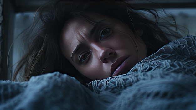 Zdjęcie przygnębiona kobieta leżąca na łóżku uchwycająca surowe emocje wygrawerowane na jej twarzy, gdy zmaga się z uczuciami smutku i izolacji