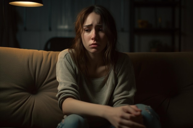 Przygnębiona młoda kobieta siedzi na sofie w nocy