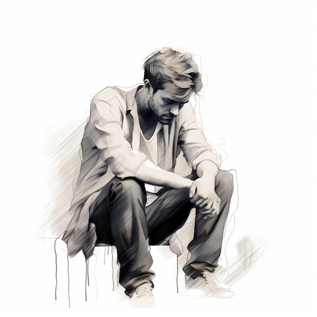 Przygnębiony mężczyzna siedzi szkic sztuka białe tło
