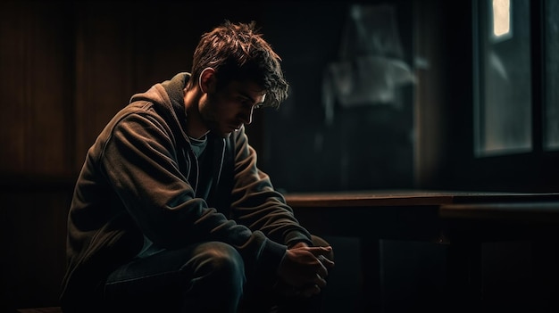 Przygnębiony młody człowiek siedzi przy stole w ciemnym pokoju