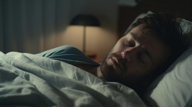 Przygnębiony śpiący mężczyzna w łóżku w domu Koncepcja świadomości zdrowia psychicznego
