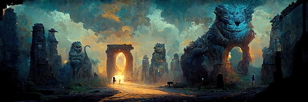 Przygoda fantasy w odległej, starożytnej, opuszczonej, ruinach cywilizacji miejskiej z gigantycznym potworem