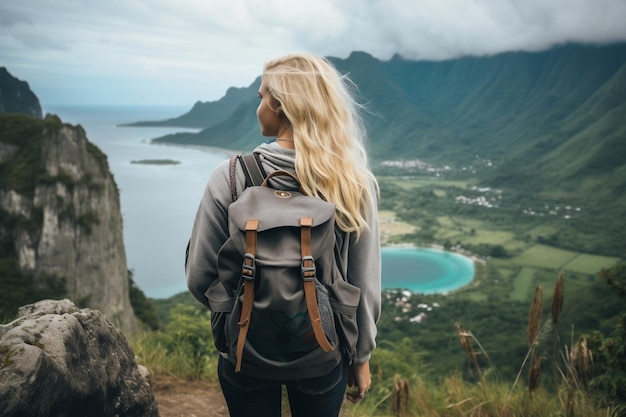 Przygoda na wyspie Blondynka z plecakiem na wakacjach w Indonezji Generative Autor: Ai