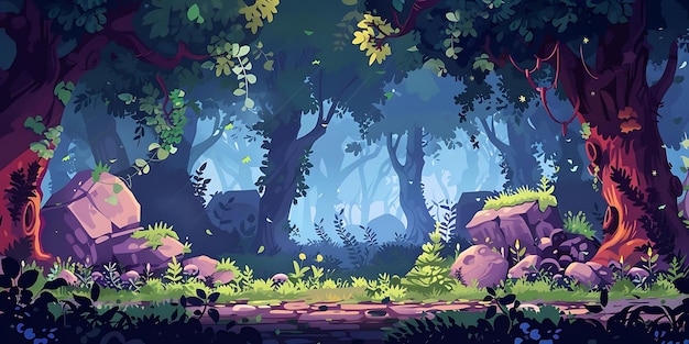 Przygoda w górskim krajobrazie Ilustracja z zieloną trawą dla animacji tła 2d kreskówka