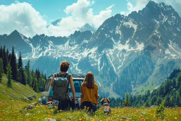 Przygodowa letnia wycieczka Młoda para i pies odkrywają góry w stylu