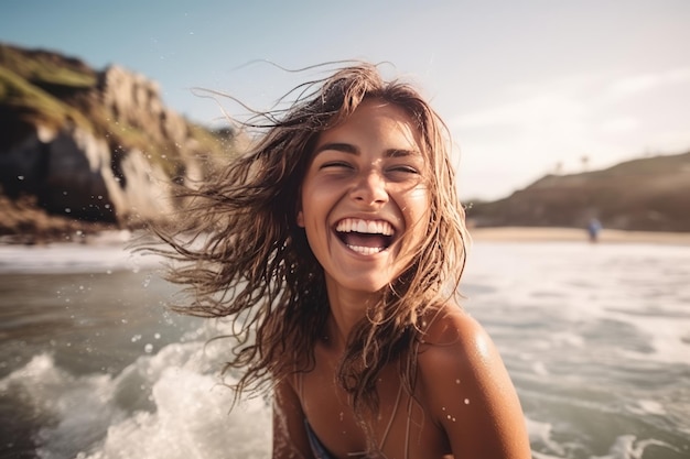 Przygodowa surferka bawiąca się na plaży latem generowana przez sztuczną inteligencję