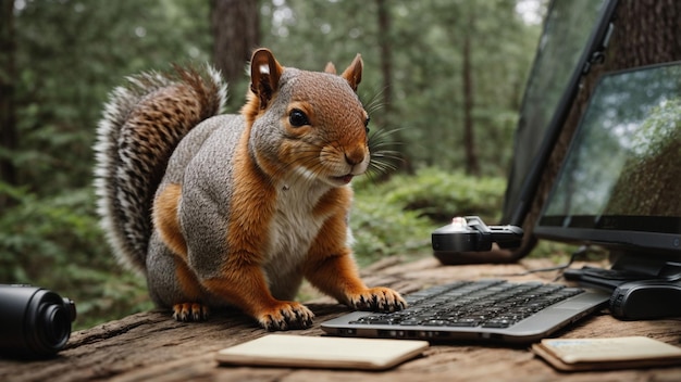 Przygodowa wiewiórka nawiguje po komputerze podczas planowania wycieczki