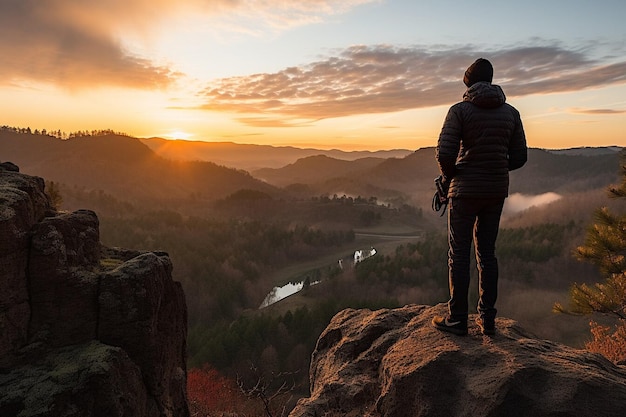 Przygodowy fotograf stojący na szczycie góry i obserwujący piękny krajobraz