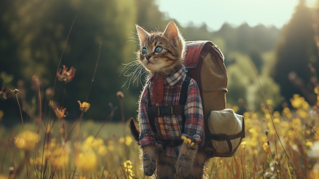 Przygodowy kot ubrany w sprzęt podróżniczy i plecak bada cuda natury ucieleśniające ciekawość i chęć wędrówki w swojej podróży przez malownicze krajobrazy