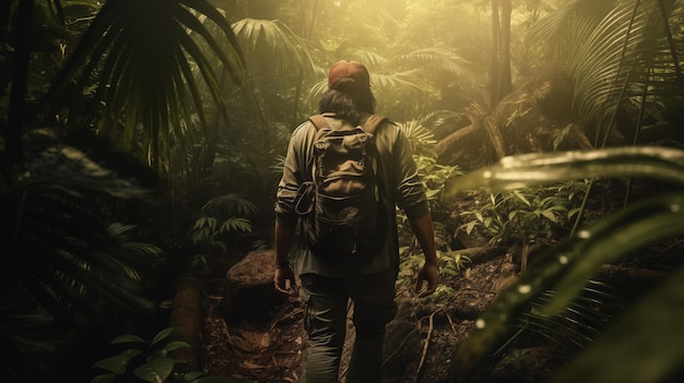 Przygodowy mężczyzna wędrujący przez gęstą dżunglę z plecakiem
