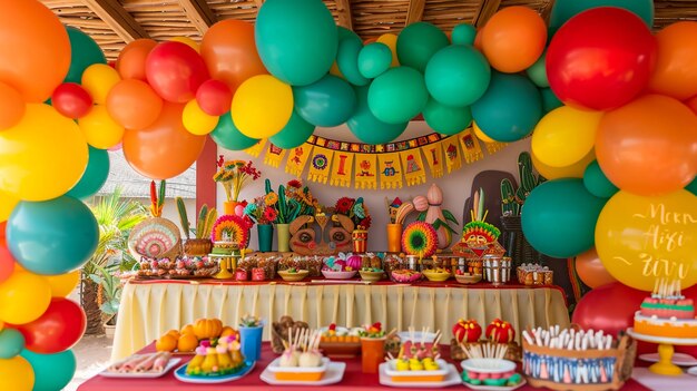 Przygotował stół urodzinowy z słodyczami na przyjęcie dla dzieci.