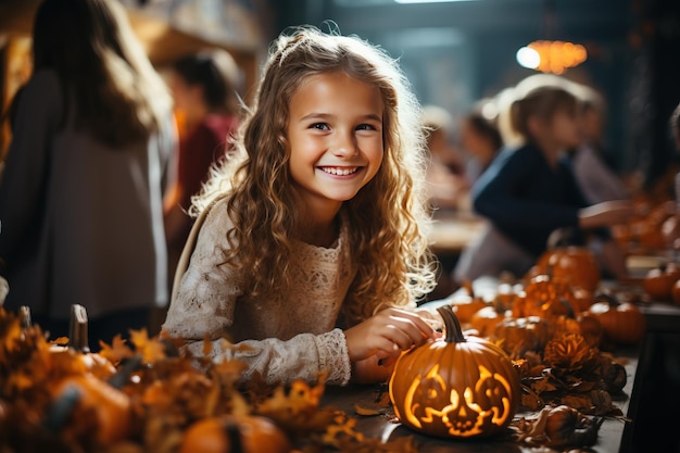 Zdjęcie przygotowania do halloween szczęśliwa uśmiechnięta dziewczyna z długimi włosami rzeźbi tradycyjną dynę jackolantern