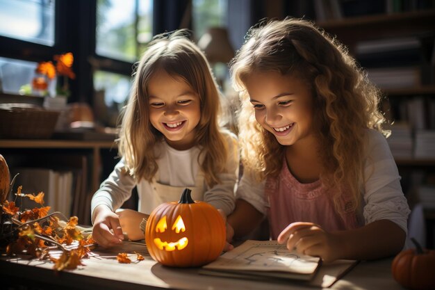 Przygotowania do Halloween Szczęśliwe uśmiechnięte dzieci rzeźbią tradycyjną dynię jackolantern AI generowane