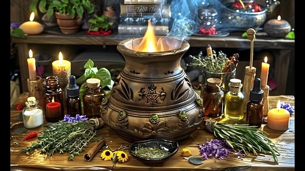Zdjęcie przygotowanie do rytuału mistycznego z olejkami ziołowymi i elementami uzdrawiającymi duszę koncepcja rytuał mistyczny przygotowanie ziołowe olejki eteryczne uzdrawiające duszę elementy duchowe