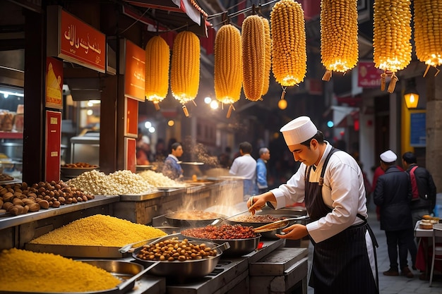 Przygotowanie jedzenia ulicznego w Stambule, kukurydza z indyka i pieczone kasztany na ulicy w kiosku