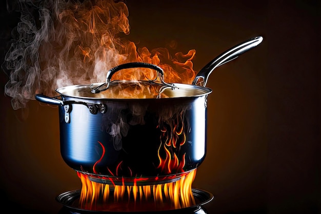 Zdjęcie przygotowanie sosu w garnku stalowym na palniku gazowym