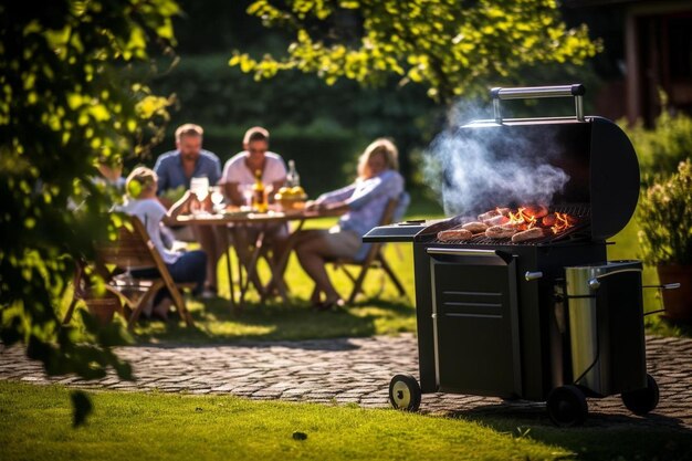 Zdjęcie przyjaciele cieszą się grillem w przyrodzie.