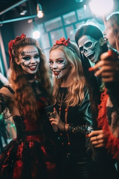 Przyjaciele cieszący się imprezą świętującą w kostiumie czarownicy na Halloween wygenerowali ai