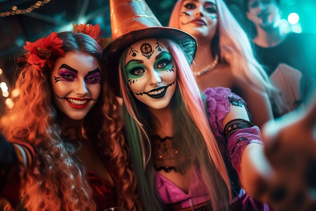 Przyjaciele cieszący się imprezą świętującą w kostiumie czarownicy na Halloween wygenerowali ai