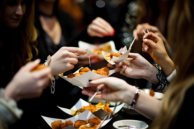 Zdjęcie przyjaciele dzielą się jedzeniem podczas kolacji