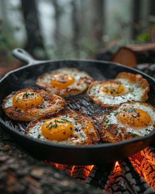 Zdjęcie przyjaciele gotują śniadanie przy ognisku