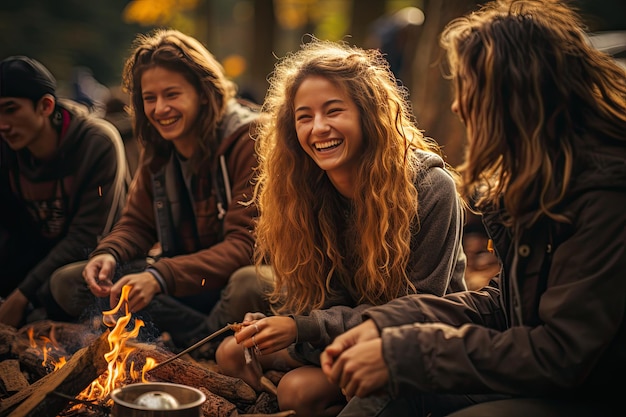 Przyjaciele lubią jesienny piknik z gorącą czekoladą generatywną IA