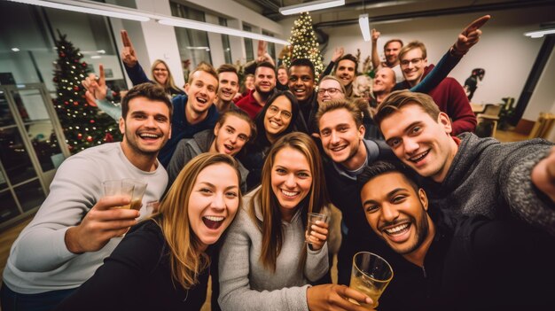 Przyjaciele na przyjęciu świątecznym uchwycają tę chwilę grupowym selfie